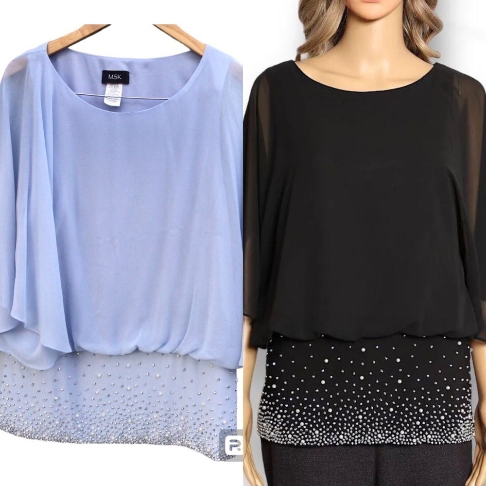 Women’s Embellished Chiffon Overlay Light Blue Top